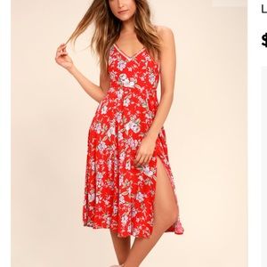 Lulus Esperanza Red Floral Print Midi Dress